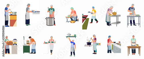 Collection of flat vector illustrations depicting diverse volunteers and staff working in a communal kitchen, preparing and serving food in a professional setting.