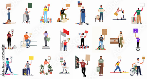 Diverse set of vector illustrations showcasing activists and protesters advocating for equal pay, human rights, and social justice through peaceful demonstrations.