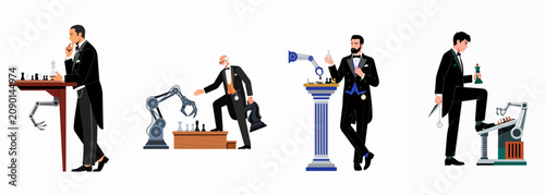 Photography Set of flat illustrations of elegant men in tuxedos playing chess against robotic arms, highlighting human versus artificial intelligence in strategic board games