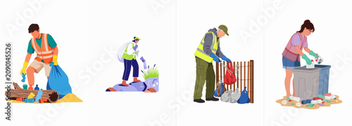 People cleaning up litter and plastic waste in various environments, illustrating community service, environmental protection, and responsible waste management for a cleaner planet.