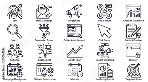 Icons representing digital marketing strategies and web analytics are arranged in a clean grid layout.