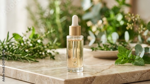 Dropper bottle containing amber serum sits prominently on a marble slab surrounded by blurred greenery and aromatic garden herbs.