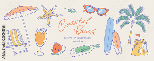 Whimsical coastal set of beach sketch element in watercolor. Sunglasses and surfboard with palm and watermelon for summer vacation italian theme. For travel card poster background.