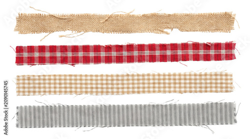 Colorful torn fabric strips on transparent background.
