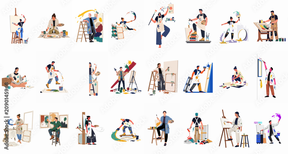 Fototapeta premium Large set of diverse artists engaged in creative painting and drawing activities using various tools and colorful supplies in a modern flat illustration style.