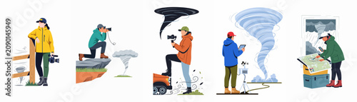 Fotografie Collection of flat illustrations showing storm chasers and meteorologists tracking, filming, and documenting tornadoes and extreme weather events