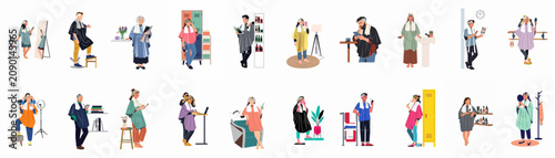 Set of diverse people with hair dye and foils multitasking in different settings, flat vector illustration collection.