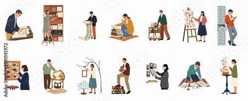 Canvastavla Diverse flat illustration set of researchers and archivists conducting genealogical studies, documenting history, and organizing archival records in various professional and personal settings