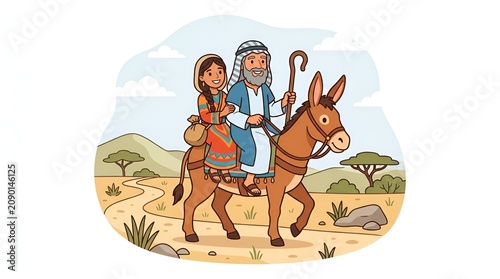 Cartoon illustration of Mary and Joseph traveling on a donkey through a desert landscape.
