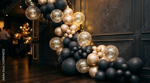 Balloons arranged in a decorative archway create a sophisticated atmosphere for a formal event held inside a dimly lit room with dark walls.