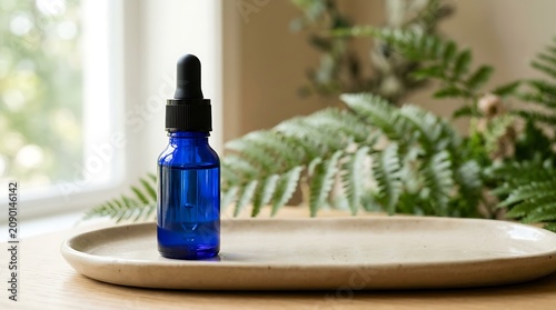 Serum bottle made of blue glass sits on a small oval tray next to a green fern plant near a bright window.