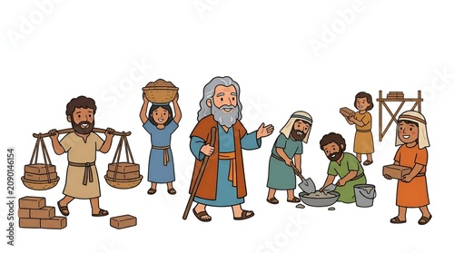 Cartoon illustration of ancient people working together on a construction project.