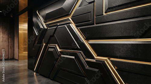 Wall paneling features a sophisticated geometric design with matte black surfaces and elegant gold metallic accents in a modern lobby.
