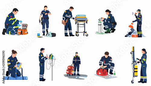 Comprehensive Flat Illustration Set of Paramedics and Emergency Medical Responders Performing Various Duties with Specialized Medical Equipment