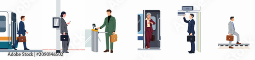 Canvastavla Set of business people commuting by train, walking on platforms, using ticket gates, and boarding subway cars, flat vector illustration on white background
