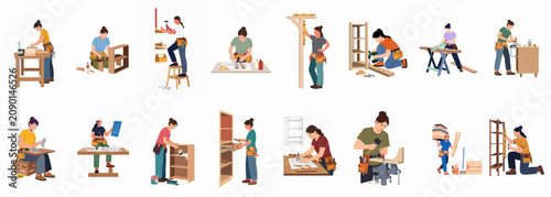 Bild auf Leinwand Collection of diverse female carpenters and woodworkers engaged in various DIY home improvement projects and professional furniture making tasks on a white background