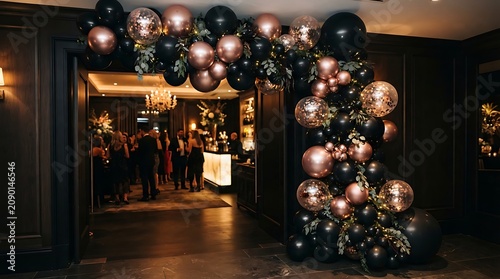 Balloons in black and rose gold frame a doorway leading to a crowded upscale social gathering.