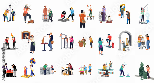 Comprehensive collection of flat vector illustrations showing tourists photographing various street artists, musicians, and performers in urban settings.