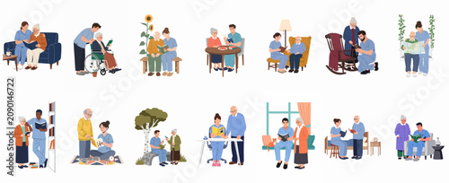Set of flat illustrations depicting caregivers and senior citizens reading together and engaging in social activities in different home and facility environments.