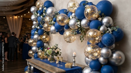 Balloon arch decoration featuring blue and silver spheres creates a festive backdrop for an elegant evening event in a grand hall.