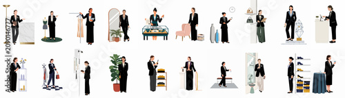 Collection of professional women in luxury service and high-end retail roles, featuring elegant uniforms in boutique, hotel, and gallery settings.