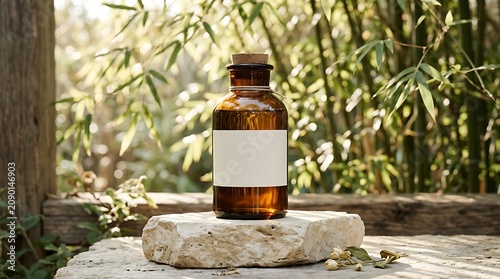 Apothecary bottle stands on a stone pedestal amidst lush green bamboo foliage in a natural garden setting.