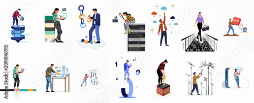 A collection of flat vector illustrations depicting various information technology concepts including coding, data management, server maintenance, troubleshooting, and cloud computing.