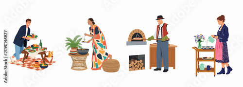 Set of diverse people from different cultures preparing and serving traditional food and drinks in a colorful flat vector illustration style.