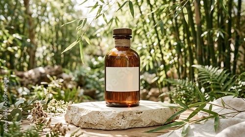 Glass bottle with a cork stopper rests on a textured stone platform nestled among vibrant ferns and bamboo foliage.