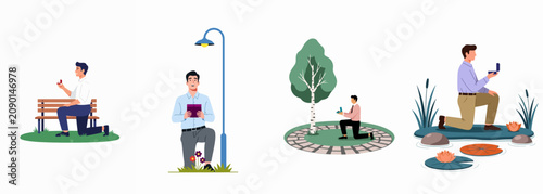 Bild auf Leinwand Collection of vector illustrations showing a man on one knee proposing with an engagement ring in various outdoor locations