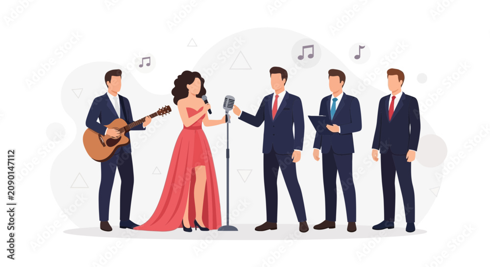 Obraz premium Live Music Performance: Female Singer and Male Band with Guitar and Backup Vocals
