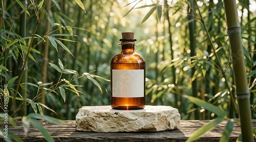 Amber bottle sits centered on a rough stone pedestal surrounded by lush green bamboo stalks in a tranquil outdoor garden setting.