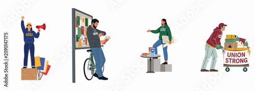 Tableau sur toile Flat vector illustrations of diverse people participating in labor union activities such as protesting, community organizing, sharing information, and providing mutual aid