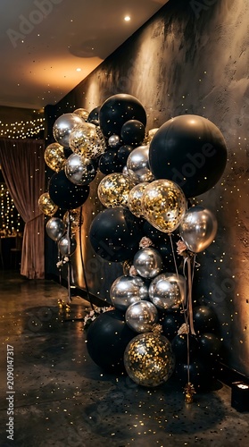 Balloons arranged in a festive dark arch set against a textured wall feature shimmering confetti accents for a party.