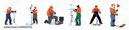 Set of flat vector illustrations showing researchers in polar gear collecting and analyzing ice core samples in the Arctic or Antarctic.