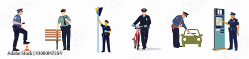 Collection of police officers in different uniforms performing various duties like patrolling, issuing tickets, and helping people, isolated on a white background.