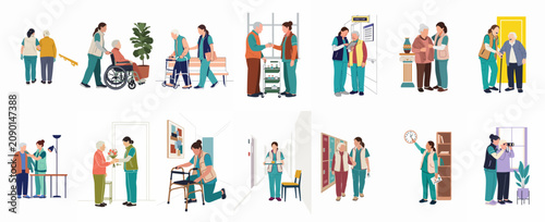 Collection of illustrations depicting caregivers assisting senior citizens with daily activities, mobility, and medical needs in a nursing home or assisted living facility.