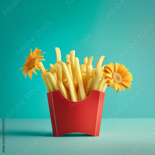 French fries in red paper box with blooming yellow flowers on turquoise background