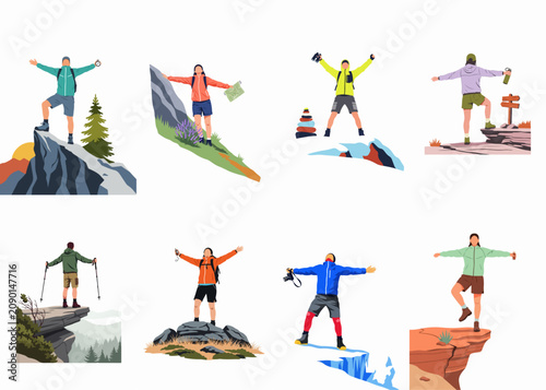 Diverse collection of flat illustrations featuring hikers and adventurers celebrating on mountain peaks, cliff edges, and rocky summits during outdoor explorations.