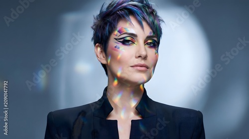 portrait of a striking woman with multi-color highlights and reflections across her face