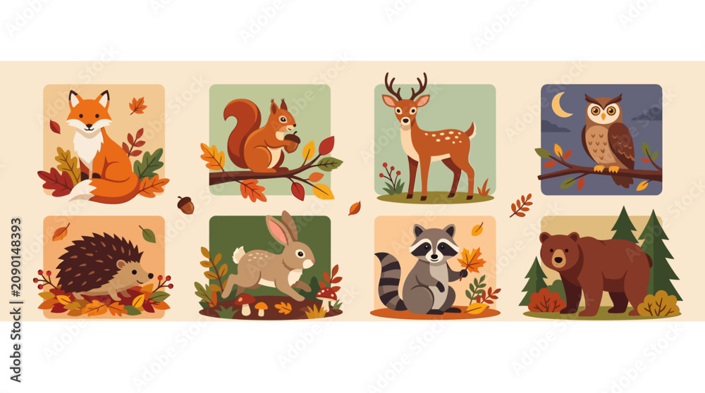 Fototapeta premium Cute illustrated forest animals and wildlife in autumn setting, perfect for kids educational materials, nature themes, and seasonal decor