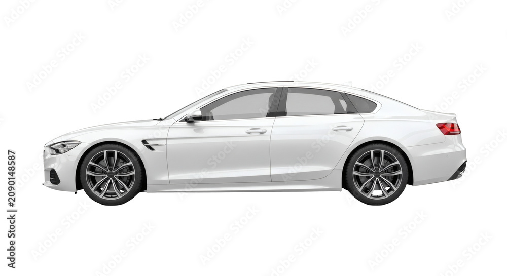Naklejka premium White luxury sedan car profile view showing elegant modern design with metallic finish dark alloy wheels and sleek aerodynamic body shape profile