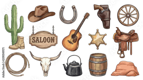 Collection of various Wild West themed items, featuring classic cowboy accessories, desert plants, and frontier elements in a vibrant illustration.