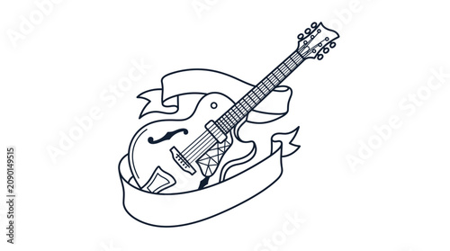 Photography Vintage hollow body guitar sketch with empty banner ribbon