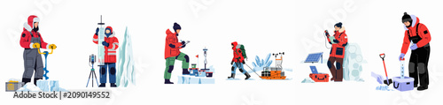 Foto Flat illustration set of scientists and explorers conducting various research activities and experiments in the Arctic or Antarctic polar regions