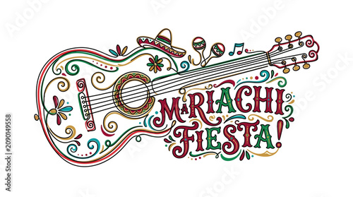 Φωτογραφία Mariachi Fiesta Traditional Festive Music Illustration with Guitar and Sombrero