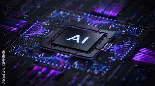 Fotografie Artificial Intelligence AI Processor Chip on Futuristic Circuit Board with Digit