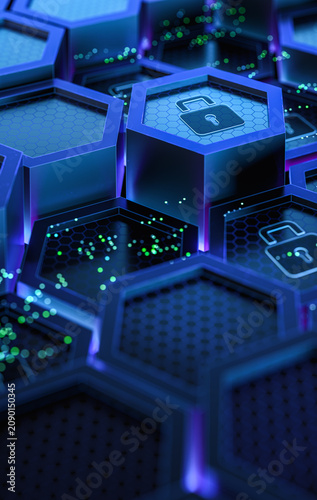 Fotografi Digital Security Lock Icon on Futuristic Hexagonal Grid