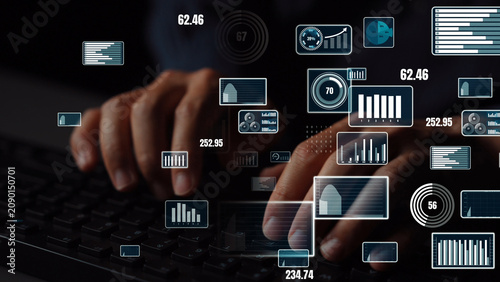 Canvas Print A close-up of hands typing on a keyboard, immersed in a digital environment filled with various data visualizations showing graphs and analytical information