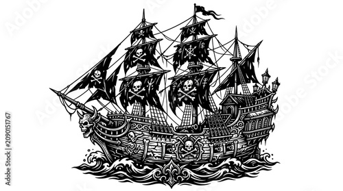 Konstfotografi Pirate Ship Illustration - Black and White Jolly Roger Flag Sailing on Waves